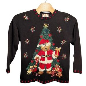 Tiara International‎ Ugly Christmas Sweater Black Santa Teddy Bear Tree XL